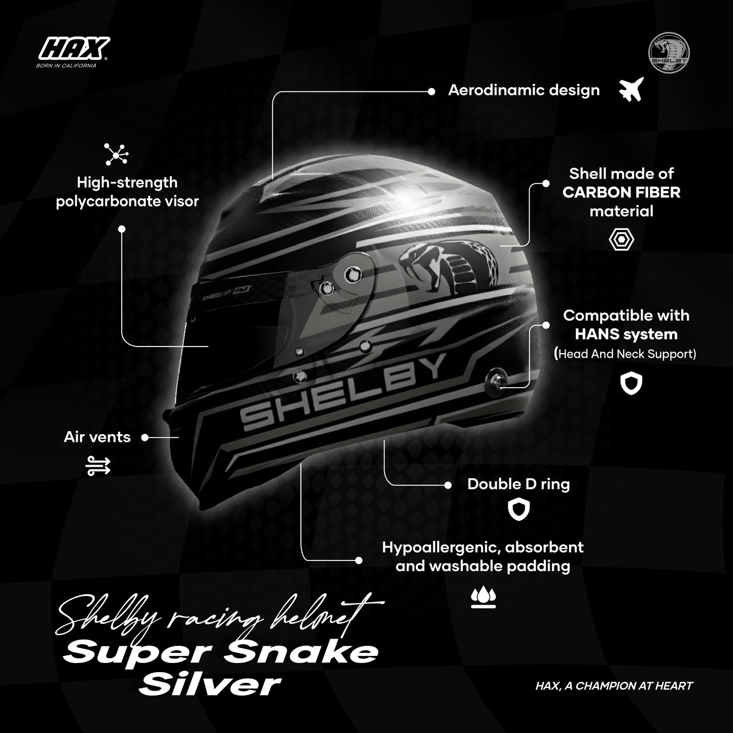 SHELBY RACING HELMETS MATTE FINISH | SUPER SNAKE SILVER